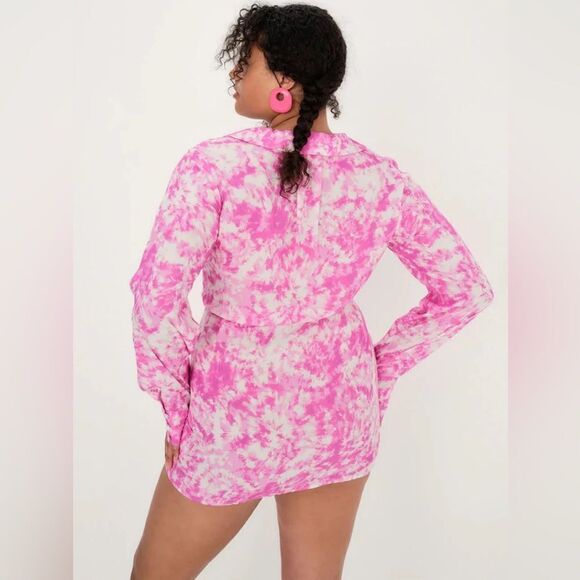 For Love & Lemons Devon V-Neck Long Sleeve Mini Shirt Dress in Pink size L - Picture 6 of 14